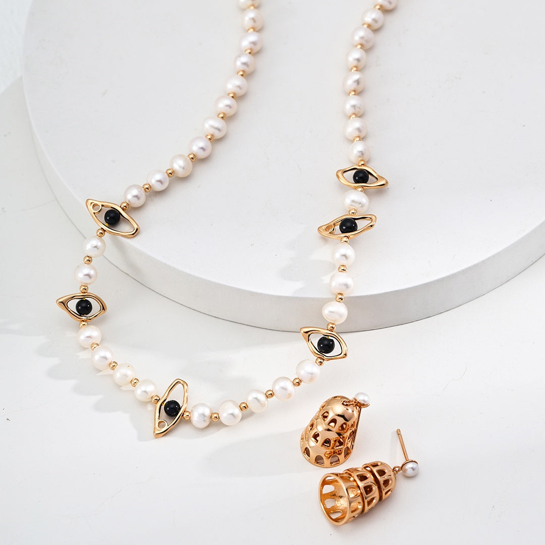 S925 Sterling Silver Necklace with Natural Pearls & Black Onyx