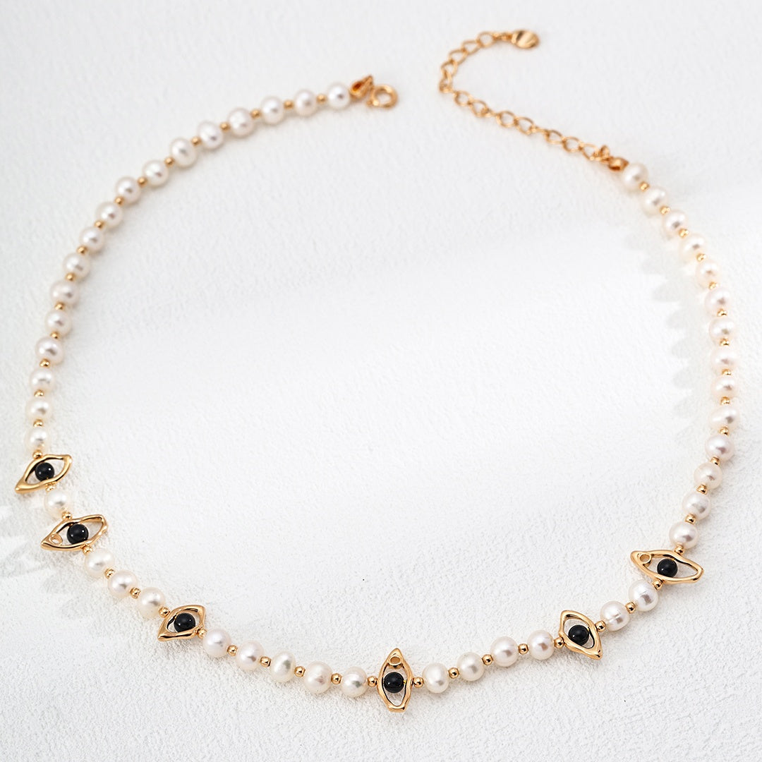 S925 Sterling Silver Necklace with Natural Pearls & Black Onyx