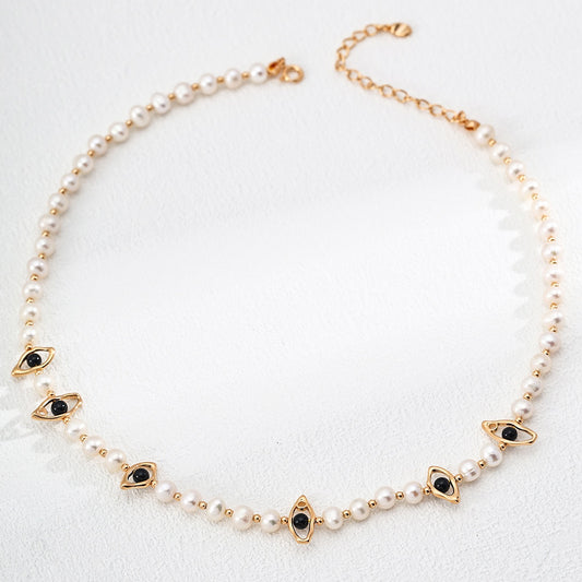 S925 Sterling Silver Necklace with Natural Pearls & Black Onyx