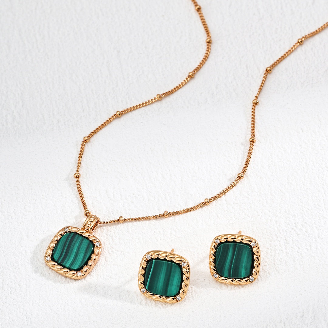 S925 Sterling Silver Zircon & Natural Malachite Necklace and Earring Set