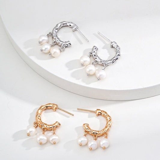 S925 Sterling Silver Crescent Moon Pearl Tassel Earrings