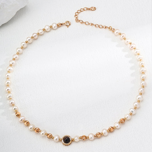 S925 Silver Necklace with Natural Pearl, Tiger Eye Stone & Zirconia