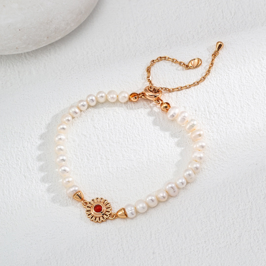 S925 Silver Natural Pearl Floral Agate Bracelet