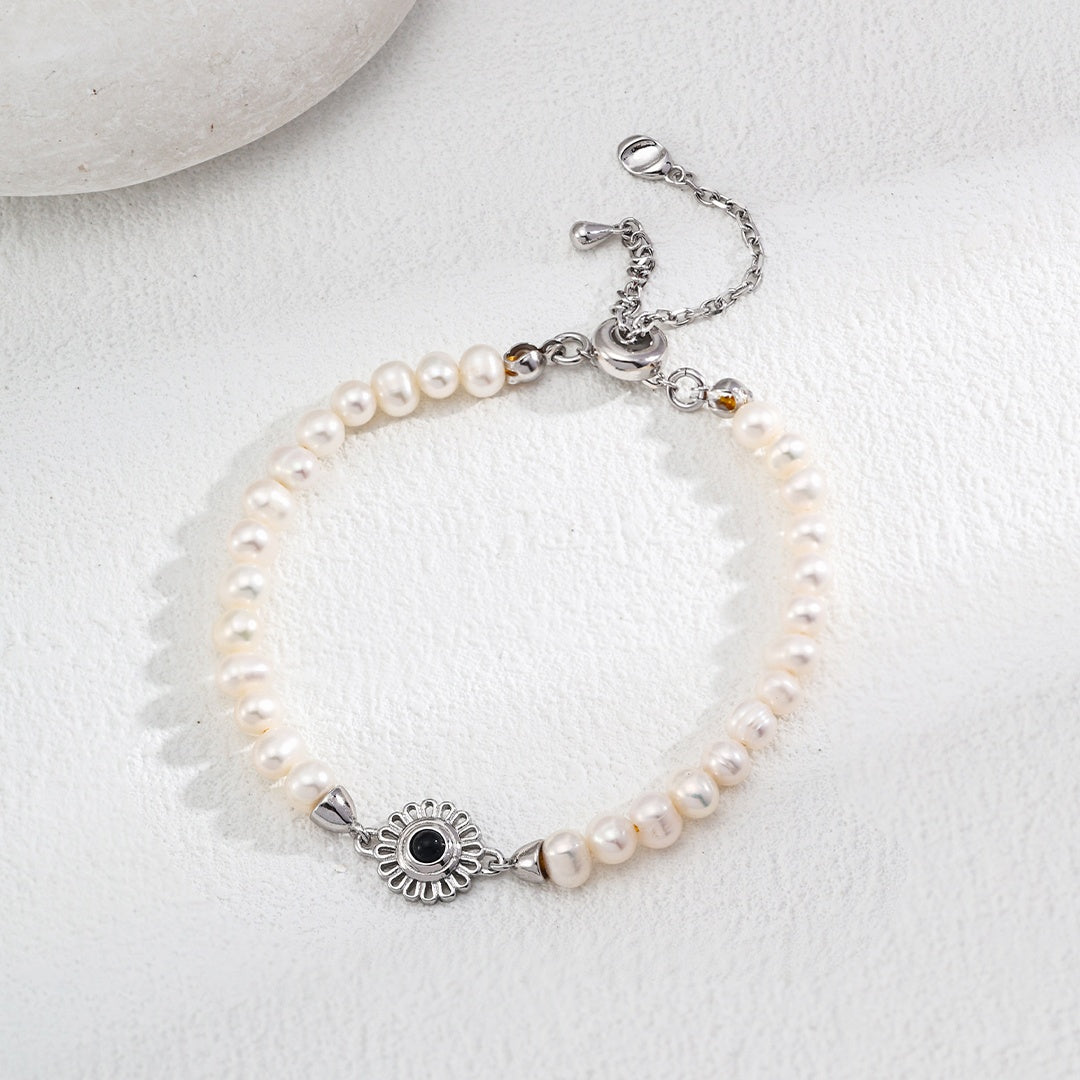 S925 Silver Natural Pearl Floral Agate Bracelet