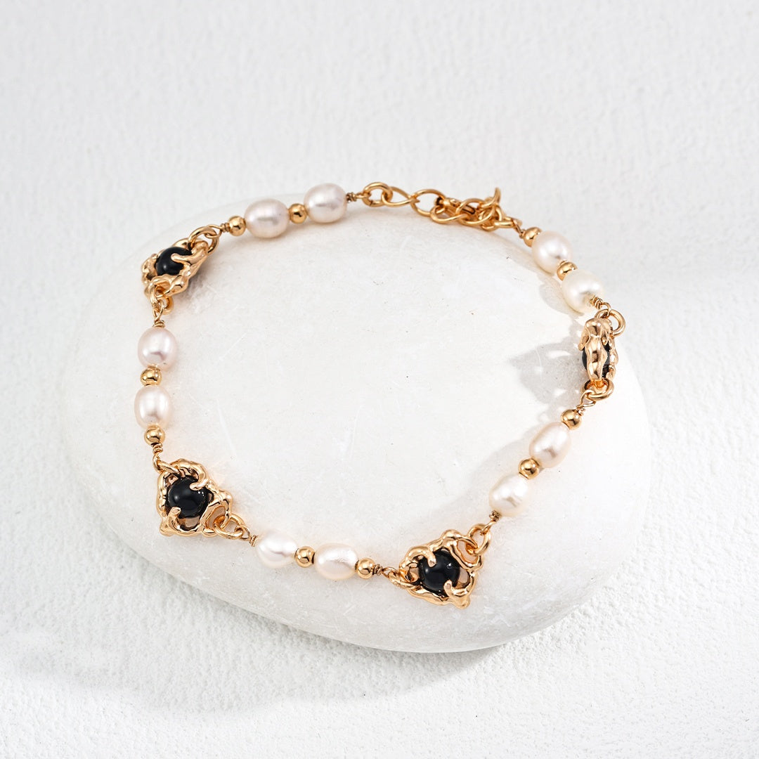 Unique Vintage Gold S925 Silver Bracelet with Natural Pearls & Black Onyx