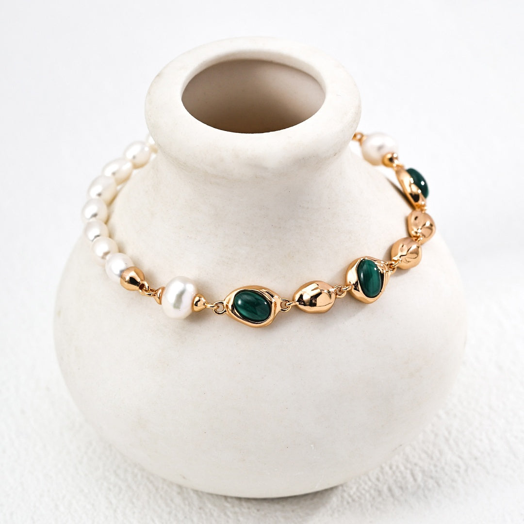 Elegant Malachite & Pearl Bracelet | 925 Sterling Silver Handmade Jewelry