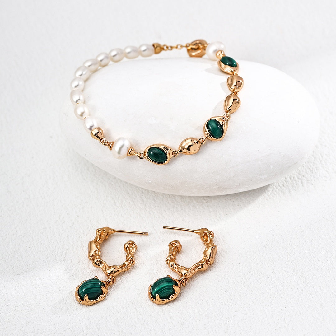 Elegant Malachite & Pearl Bracelet | 925 Sterling Silver Handmade Jewelry