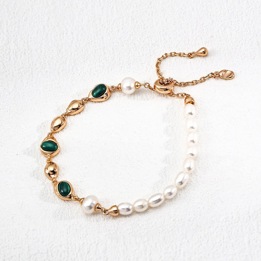 Elegant Malachite & Pearl Bracelet | 925 Sterling Silver Handmade Jewelry