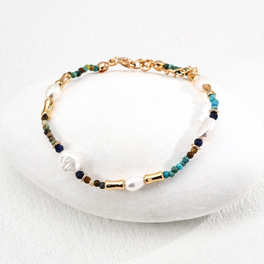 S925 Sterling Silver Pearl & Gemstone Jewelry Bracelet – with Lapis Lazuli, Turquoise & Pearls