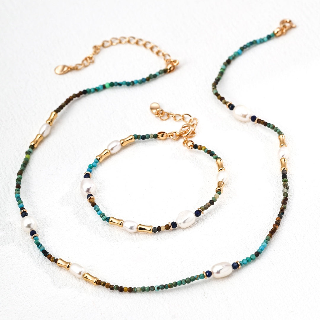 S925 Sterling Silver Pearl & Gemstone Jewelry Set – Vintage Gold or Platinum | Necklace & Bracelet Set with Lapis Lazuli, Turquoise & Pearls