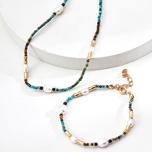 S925 Sterling Silver Pearl & Gemstone Jewelry Set – Vintage Gold or Platinum | Necklace & Bracelet Set with Lapis Lazuli, Turquoise & Pearls