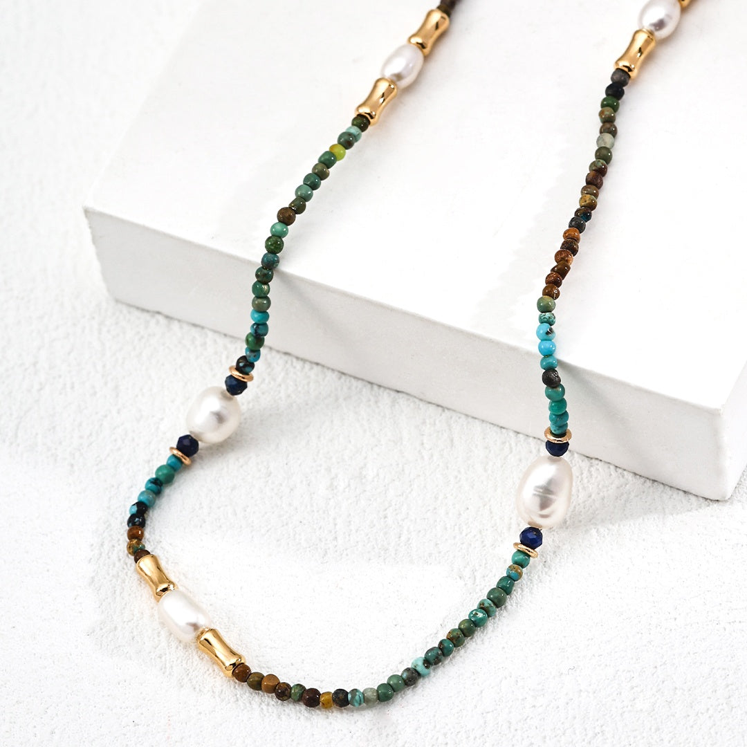 S925 Sterling Silver Pearl & Gemstone Necklace –  with Lapis Lazuli, Turquoise & Pearls
