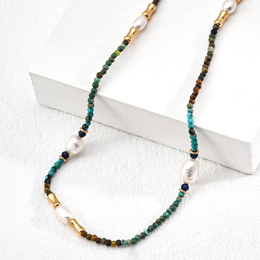 S925 Sterling Silver Pearl & Gemstone Necklace –  with Lapis Lazuli, Turquoise & Pearls