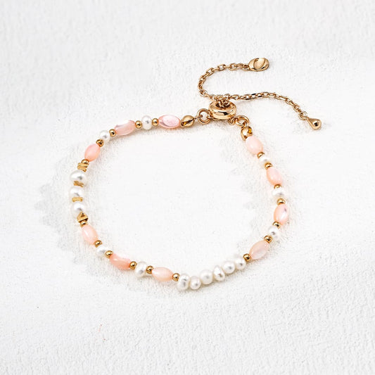 Pink Shell & Freshwater Pearl Bracelet in 925 Sterling Silver – Elegant Dainty Jewelry for Women