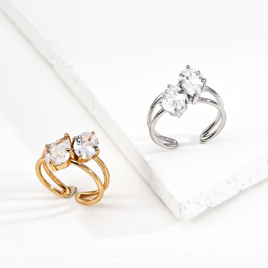 Minimalist S925 Sterling Silver Double Zircon Open Ring | Adjustable Elegant Design