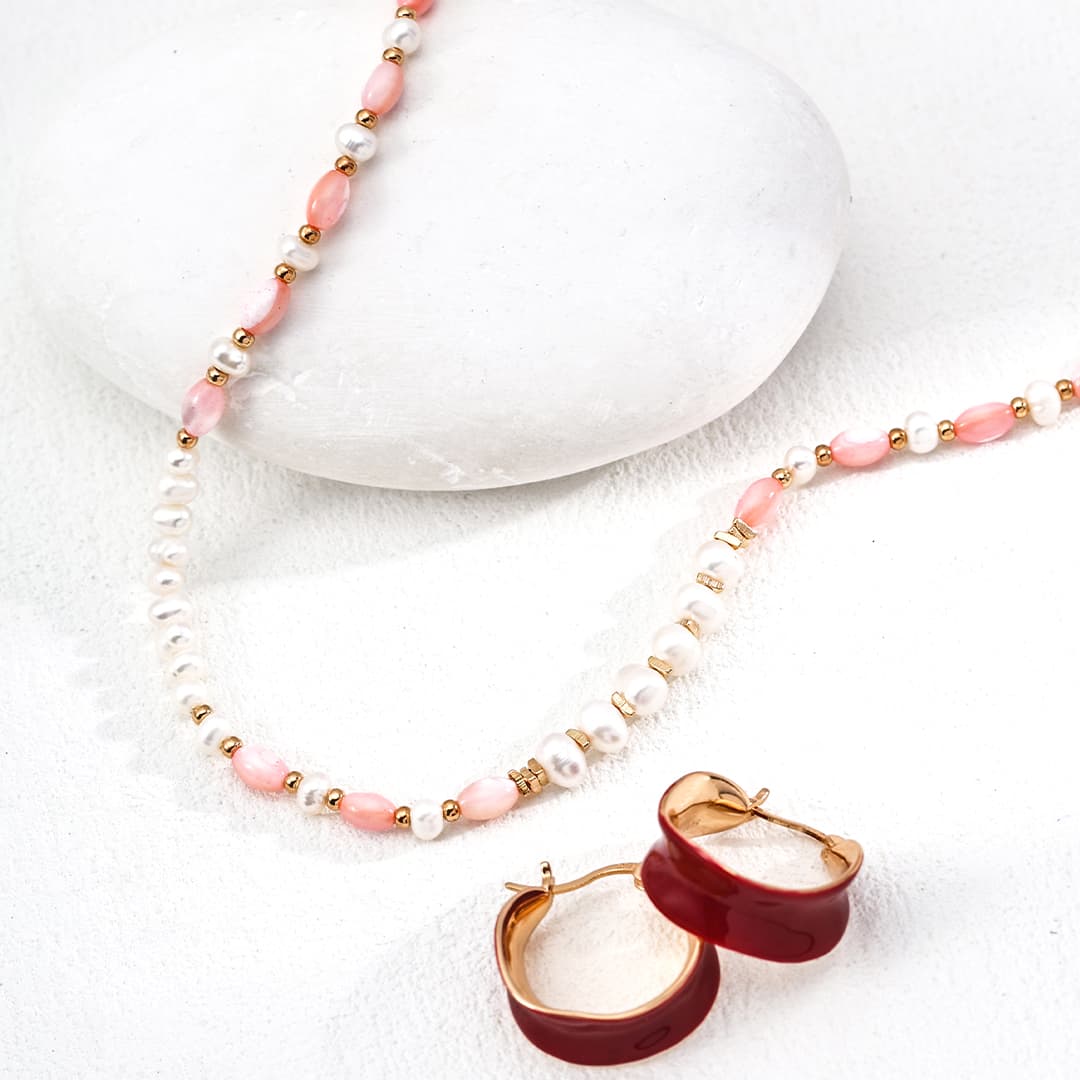 Pearl & Pink Shell Bead Necklace in 925 Sterling Silver – Elegant Minimalist Jewelry for Women