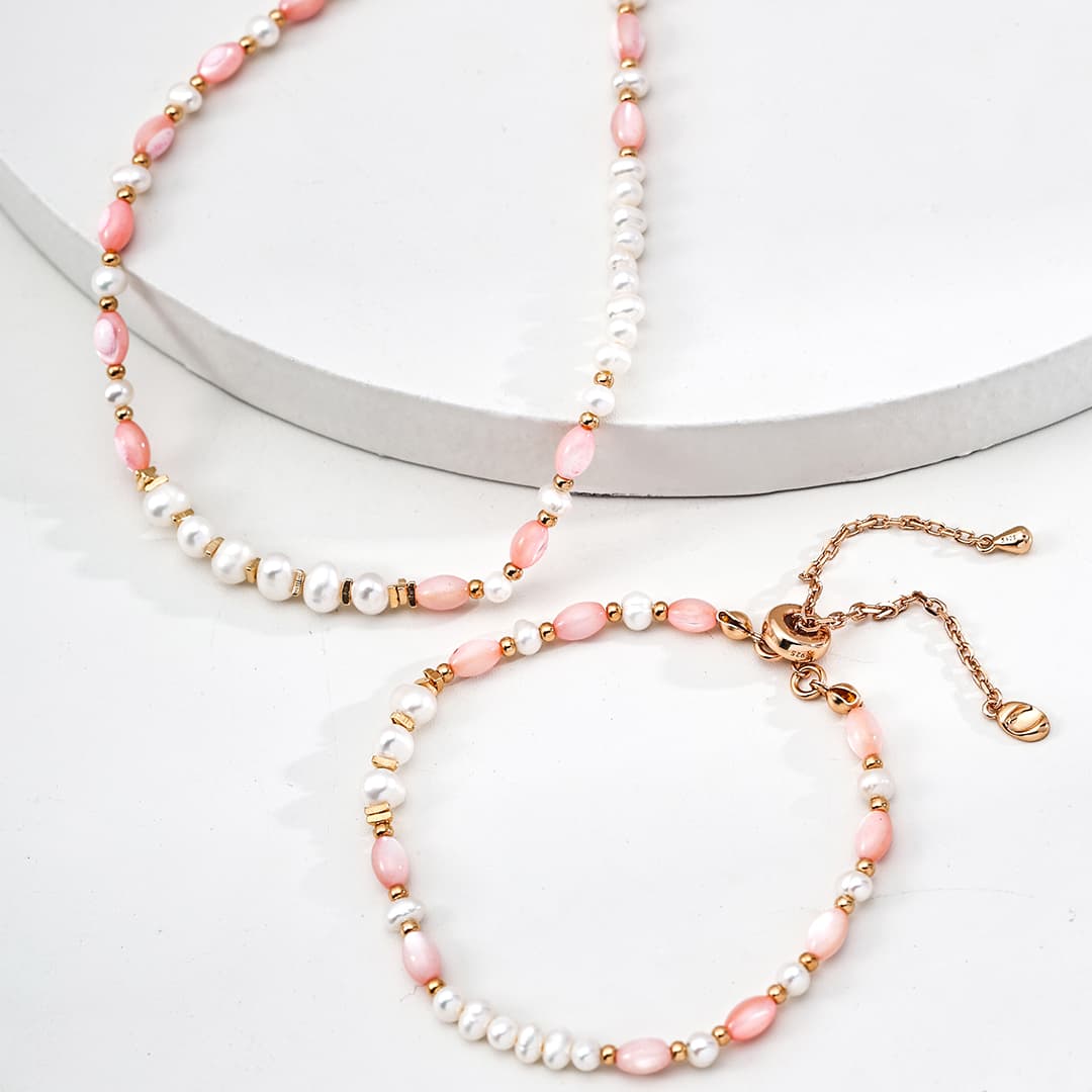 Pearl & Pink Shell Bead Necklace in 925 Sterling Silver – Elegant Minimalist Jewelry for Women