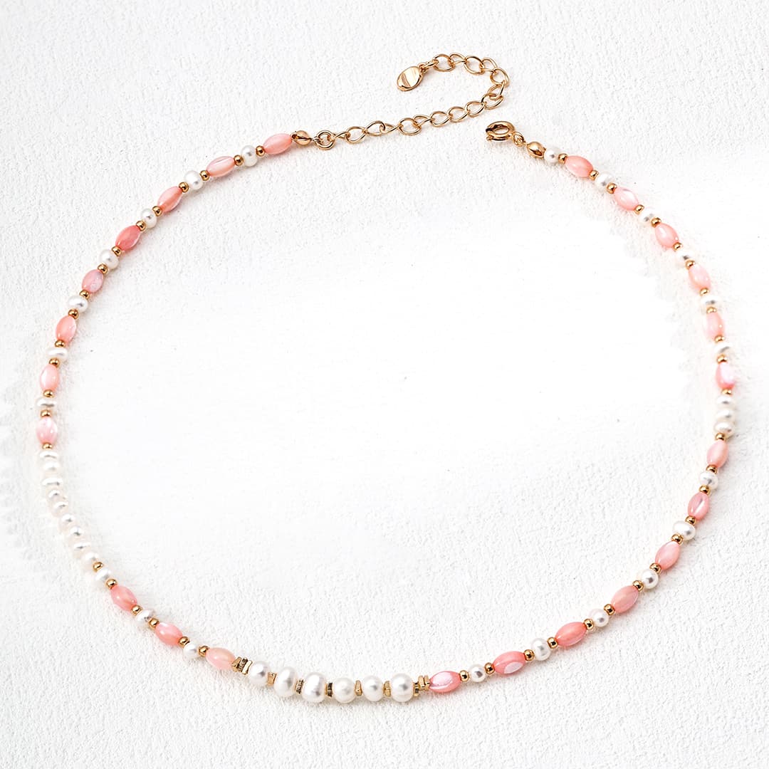 Pearl & Pink Shell Bead Necklace in 925 Sterling Silver – Elegant Minimalist Jewelry for Women