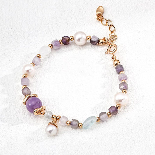 S925 Sterling Silver Amethyst Aquamarine & Natural Pearl Bracelet