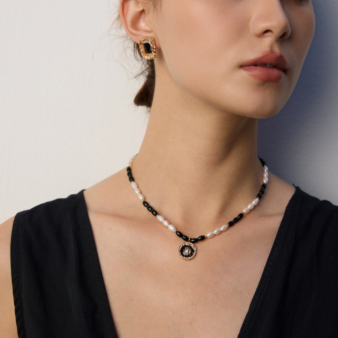 S925 Sterling Silver Natural Pearl & Onyx Pendant Necklace