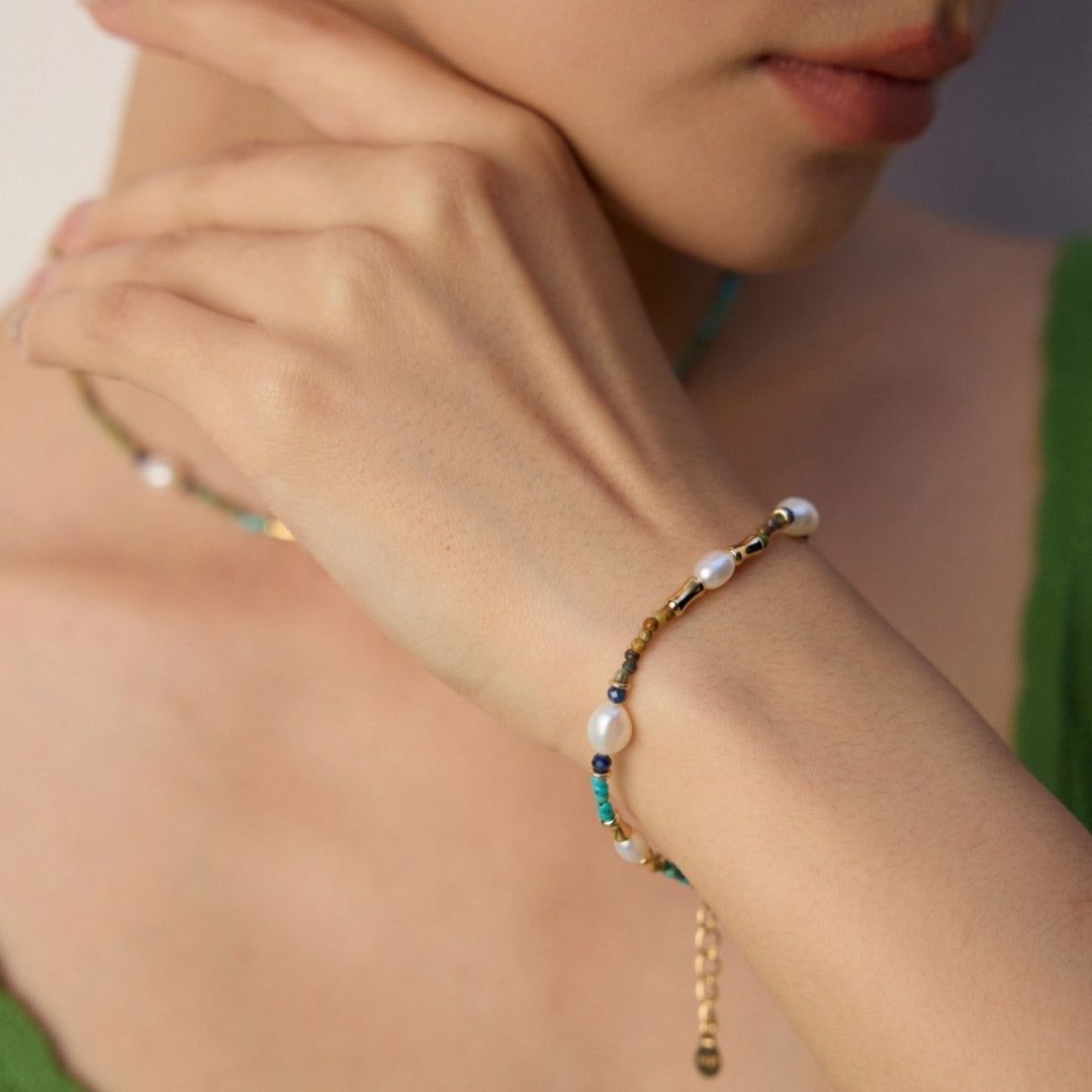 S925 Sterling Silver Pearl & Gemstone Jewelry Bracelet – with Lapis Lazuli, Turquoise & Pearls