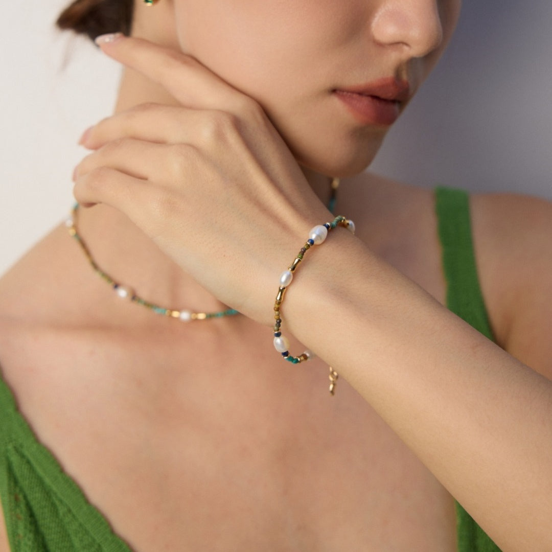 S925 Sterling Silver Pearl & Gemstone Jewelry Set – Vintage Gold or Platinum | Necklace & Bracelet Set with Lapis Lazuli, Turquoise & Pearls