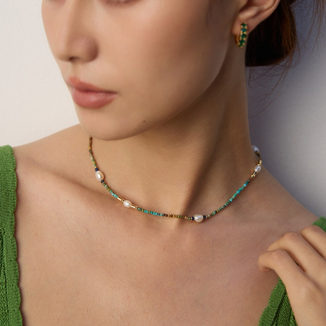 S925 Sterling Silver Pearl & Gemstone Necklace –  with Lapis Lazuli, Turquoise & Pearls