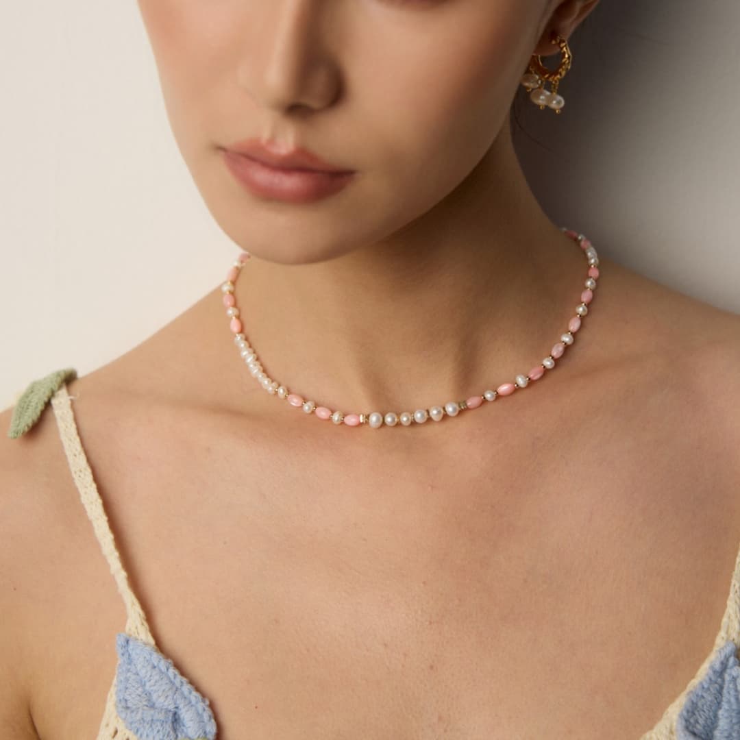 Pearl & Pink Shell Bead Necklace in 925 Sterling Silver – Elegant Minimalist Jewelry for Women