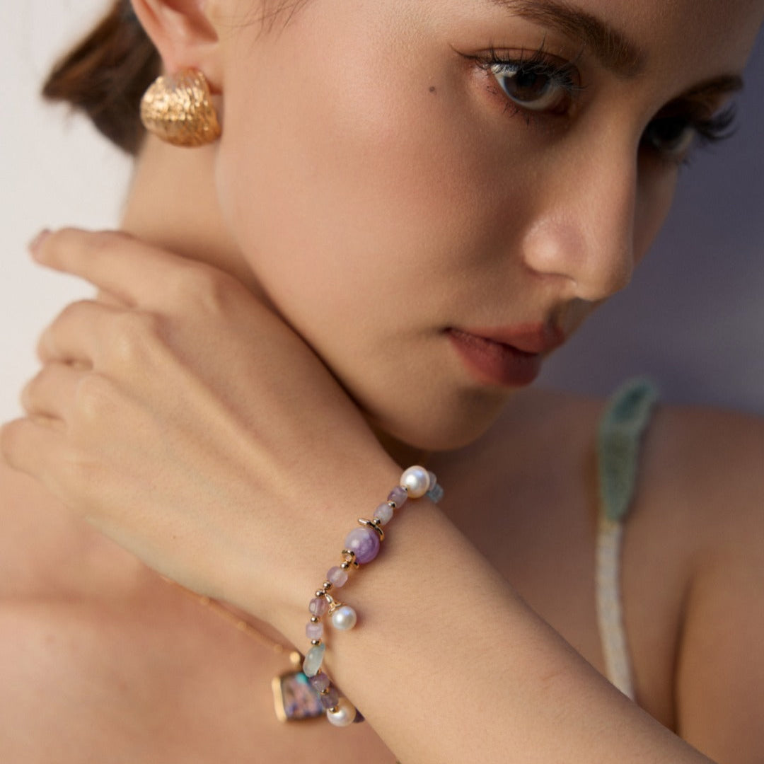 S925 Sterling Silver Amethyst Aquamarine & Natural Pearl Bracelet
