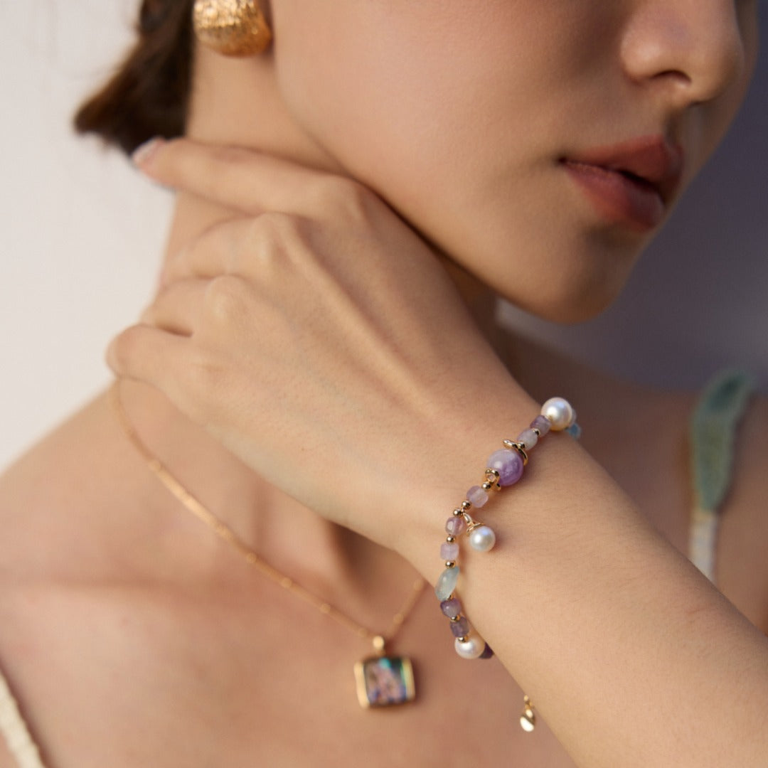 S925 Sterling Silver Amethyst Aquamarine & Natural Pearl Bracelet