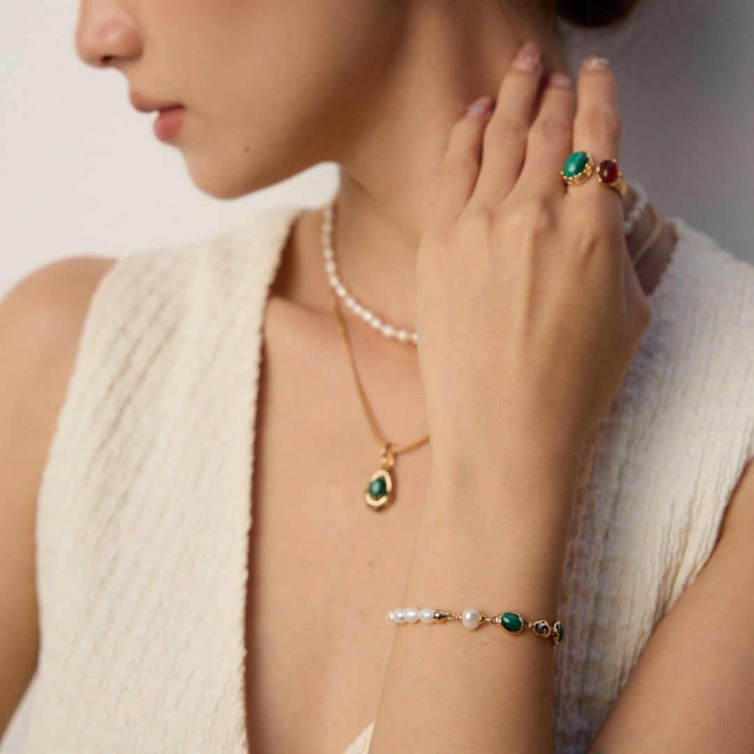 Elegant Malachite & Pearl Bracelet | 925 Sterling Silver Handmade Jewelry