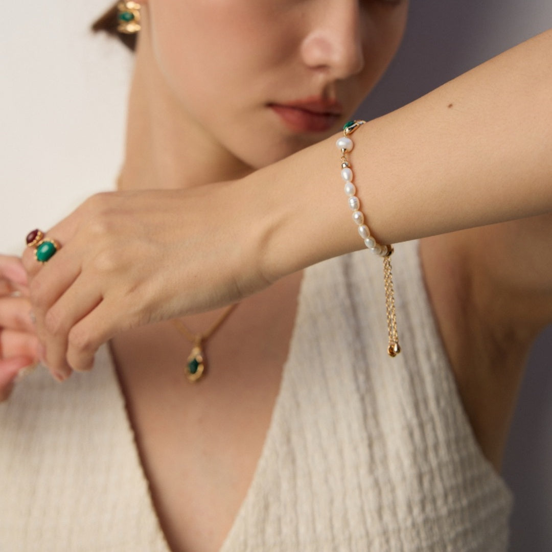 Elegant Malachite & Pearl Bracelet | 925 Sterling Silver Handmade Jewelry