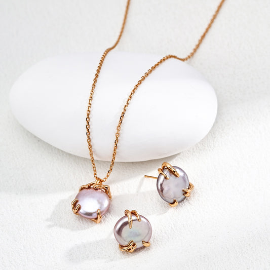 S925 Silver Natural Grey Pearl Necklace & Earrings Set – Elegant Lavender-Toned Jewelry for Women