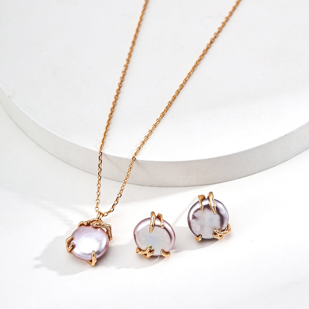 S925 Silver Natural Grey Pearl Necklace & Earrings Set – Elegant Lavender-Toned Jewelry for Women