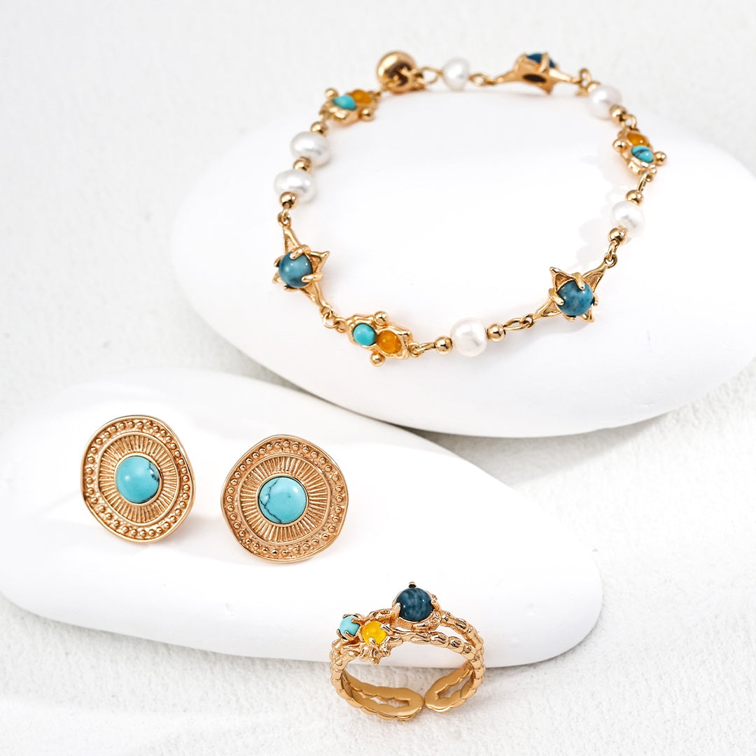 Vintage Turquoise Stud Earrings – S925 Sterling Silver Retro Jewelry