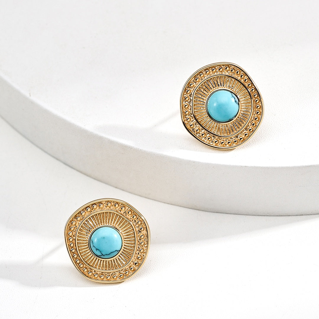 Vintage Turquoise Stud Earrings – S925 Sterling Silver Retro Jewelry