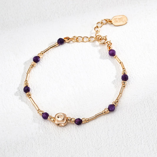 Elegant S925 Gold-Plated Amethyst Beaded Bracelet – Natural Purple Gemstone Jewelry