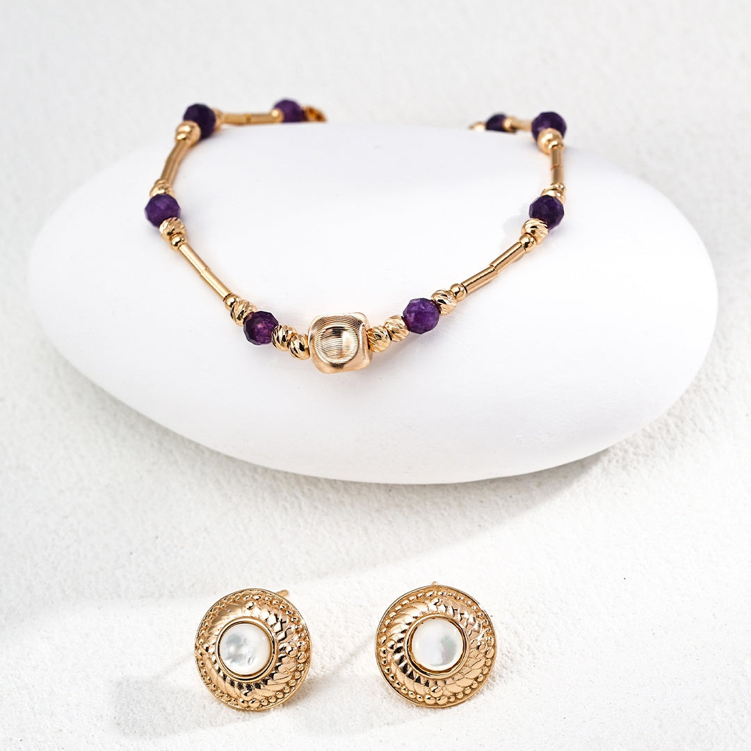 Elegant S925 Gold-Plated Amethyst Beaded Bracelet – Natural Purple Gemstone Jewelry