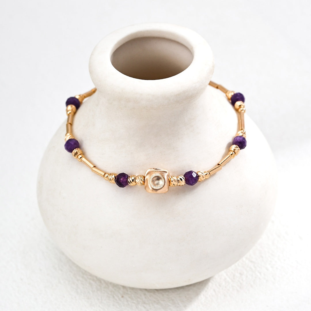 Elegant S925 Gold-Plated Amethyst Beaded Bracelet – Natural Purple Gemstone Jewelry
