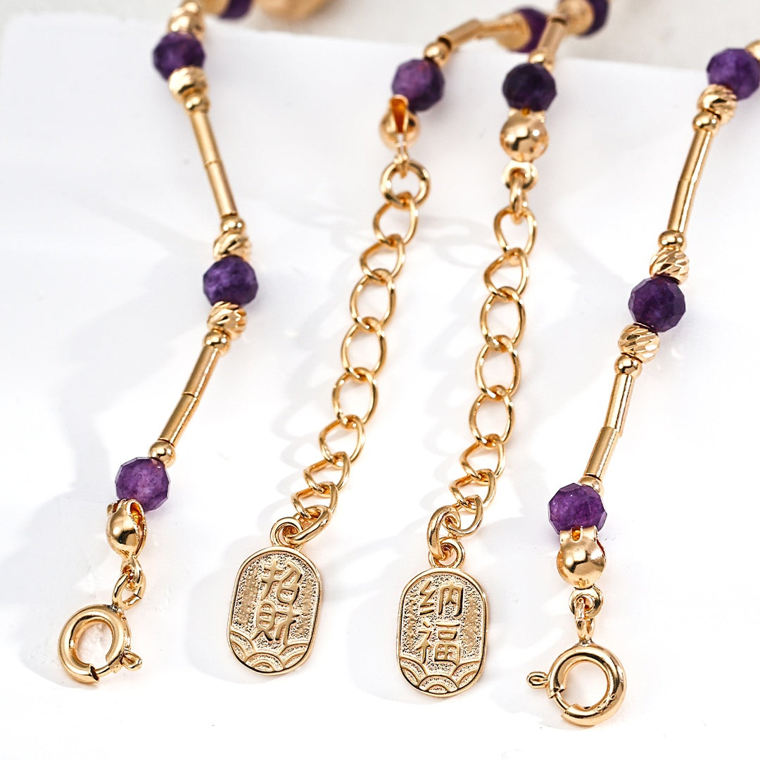 Elegant S925 Gold-Plated Amethyst Beaded Bracelet – Natural Purple Gemstone Jewelry