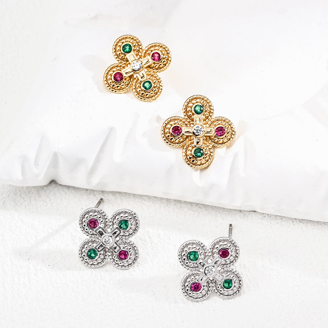 Vintage Glamour S925 Sterling Silver Zircon Earrings | Elegant Floral Studs in Gold & Platinum Tones
