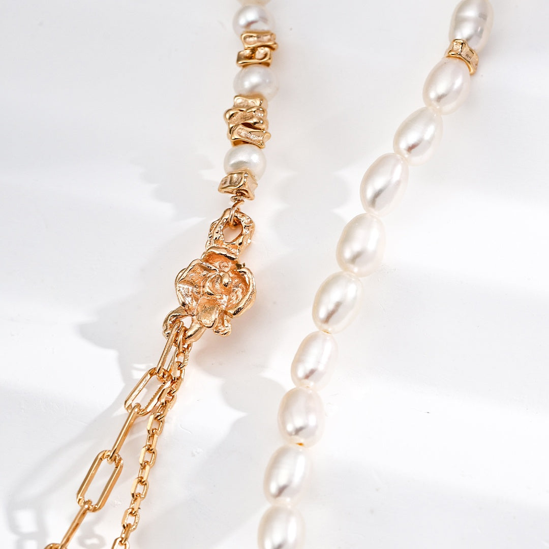 Vintage Rose & Pearl Jewelry Set | S925 Sterling Silver & Natural Pearls Necklace and Bracelet