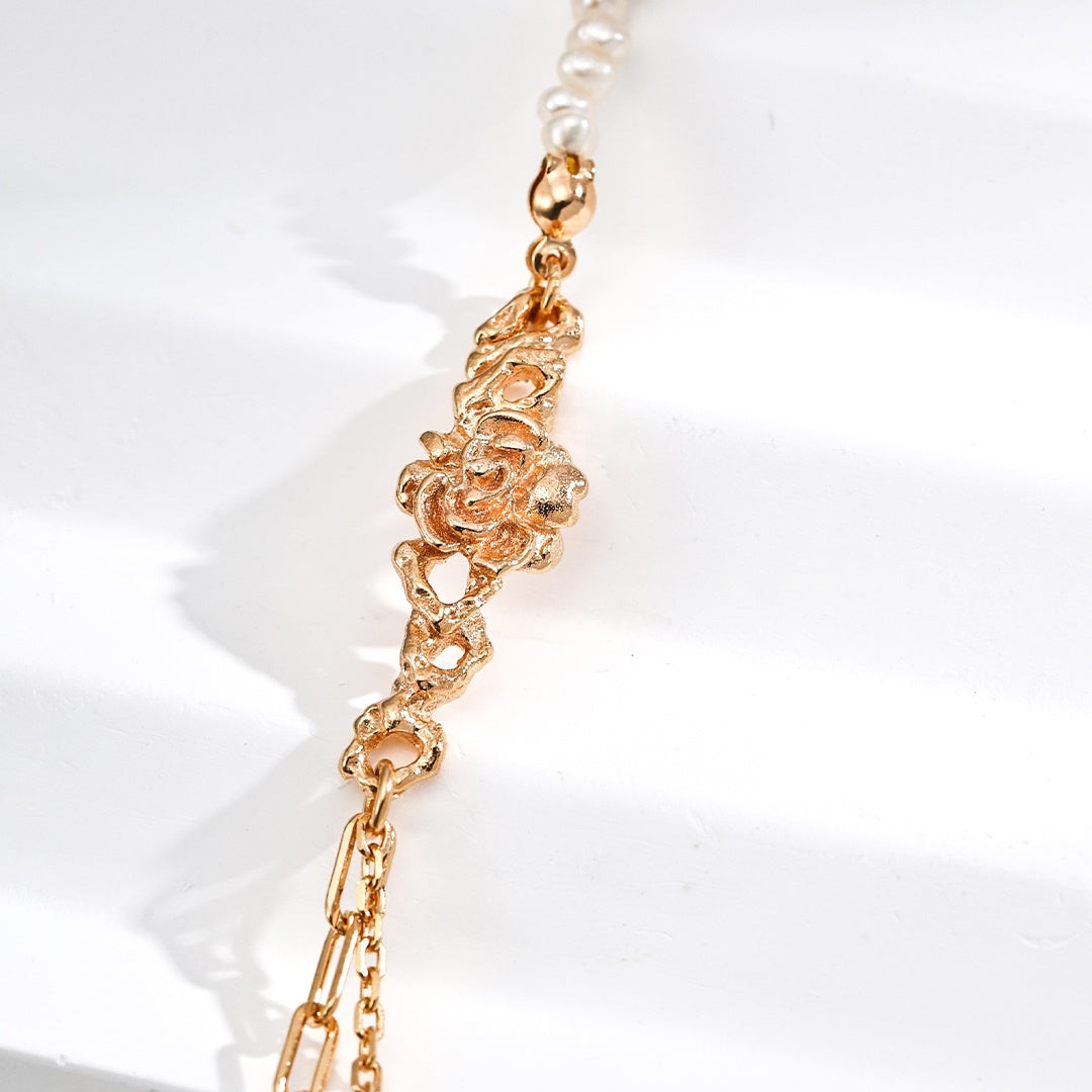Vintage Rose & Pearl Jewelry Set | S925 Sterling Silver & Natural Pearls Necklace and Bracelet