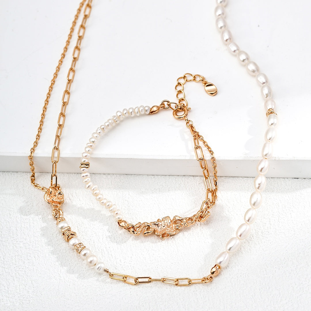 Vintage Rose & Pearl Jewelry Set | S925 Sterling Silver & Natural Pearls Necklace and Bracelet
