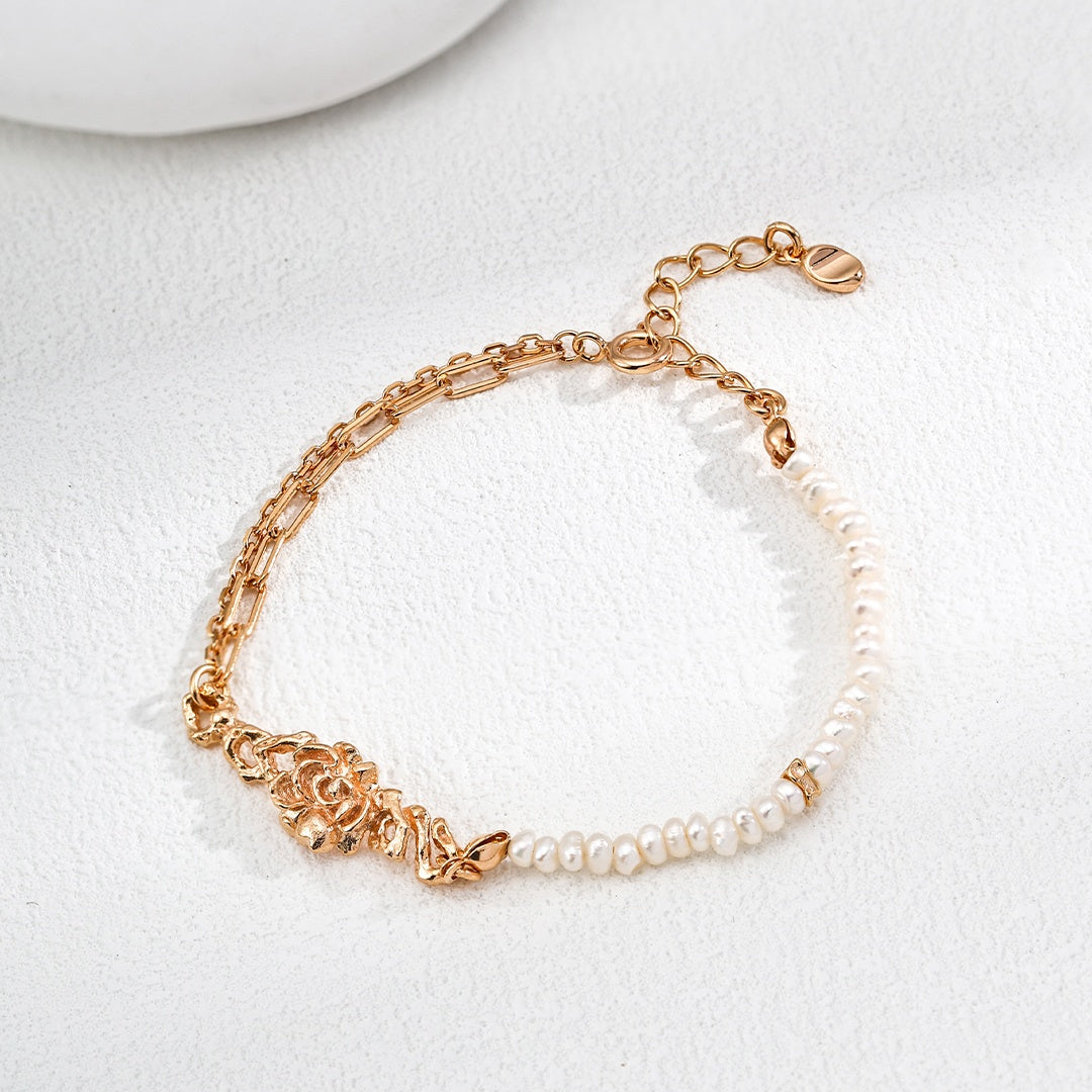 Vintage Rose & Pearl Jewelry Set | S925 Sterling Silver & Natural Pearls Necklace and Bracelet