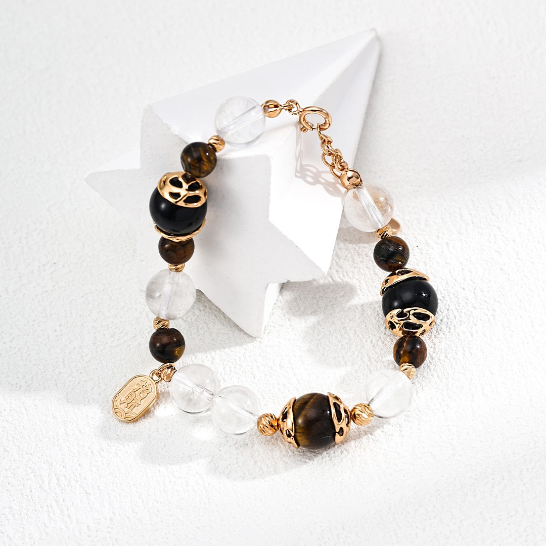 Lucky Wealth Bracelet | S925 Sterling Silver Tiger Eye, Black Onyx & Crystal Beads