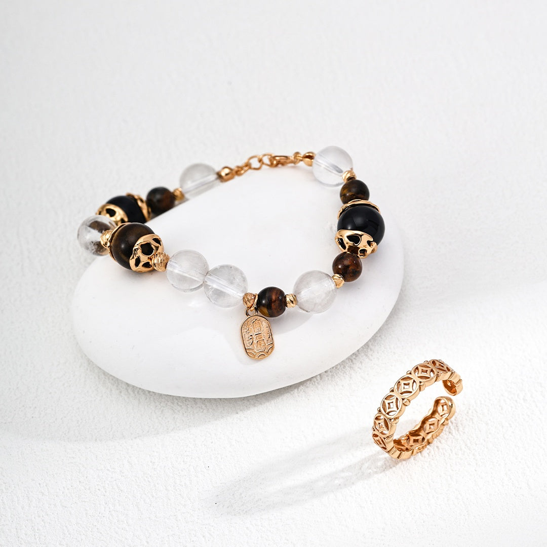 Lucky Wealth Bracelet | S925 Sterling Silver Tiger Eye, Black Onyx & Crystal Beads