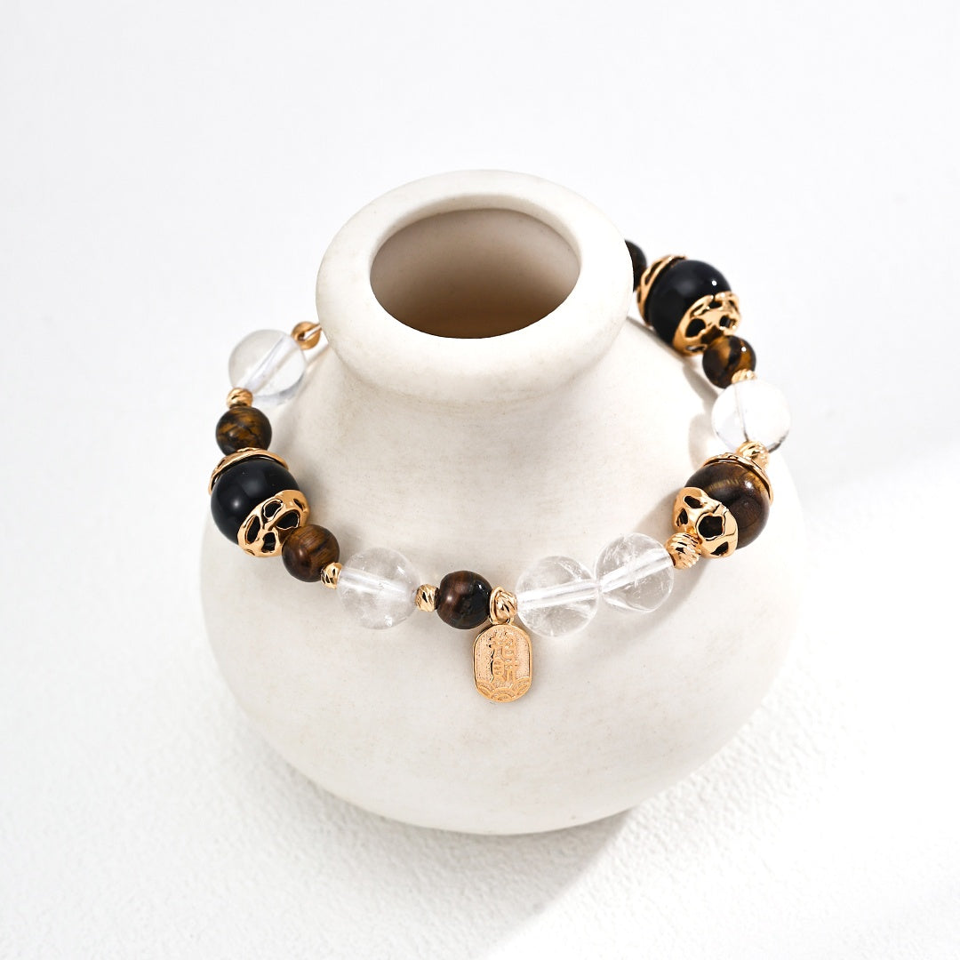 Lucky Wealth Bracelet | S925 Sterling Silver Tiger Eye, Black Onyx & Crystal Beads