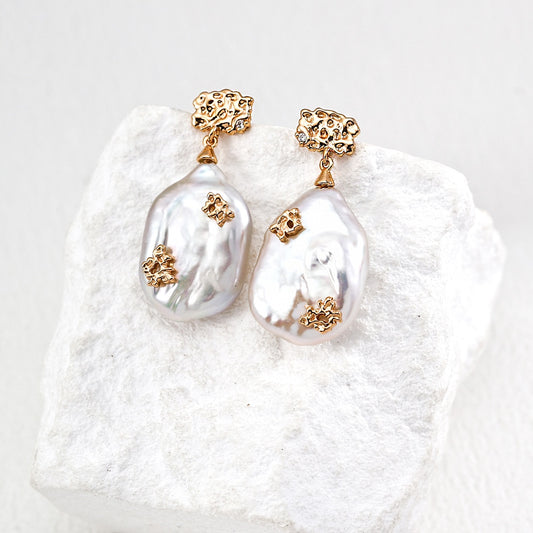 Baroque Pearl Drop Earrings | Vintage S925 Sterling Silver & Zircon Elegant Statement Jewelry