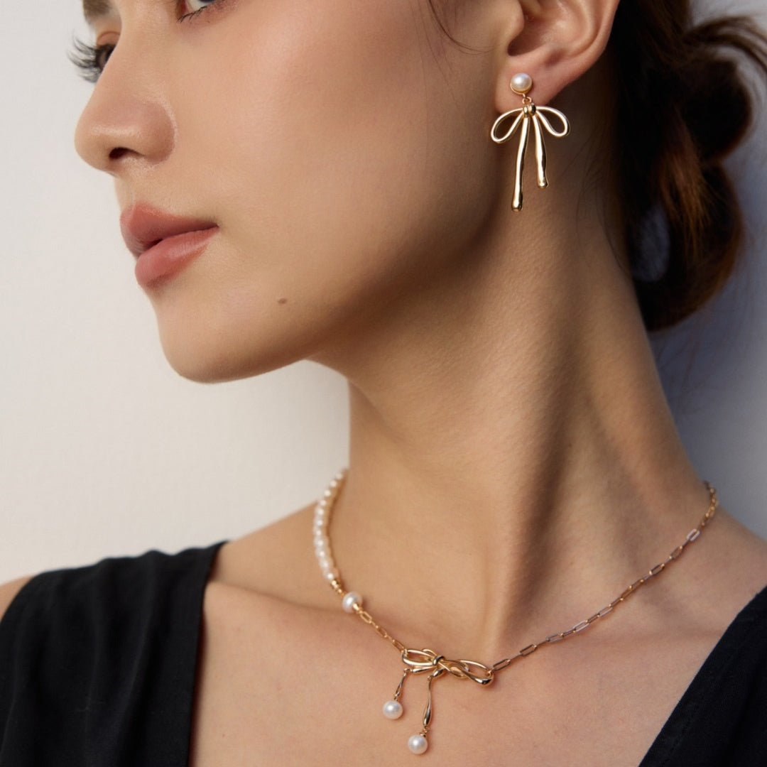 Vintage Bow Knot Pearl Earrings | S925 Sterling Silver Retro Gold & Platinum Natural Pearl Drop Earrings